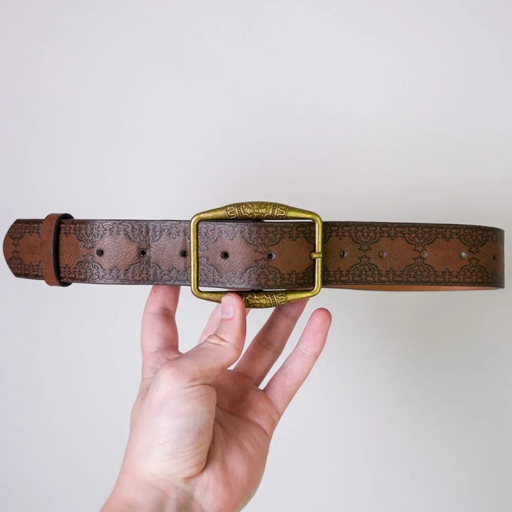 y2k vintage brown engraved brass buckle western belt